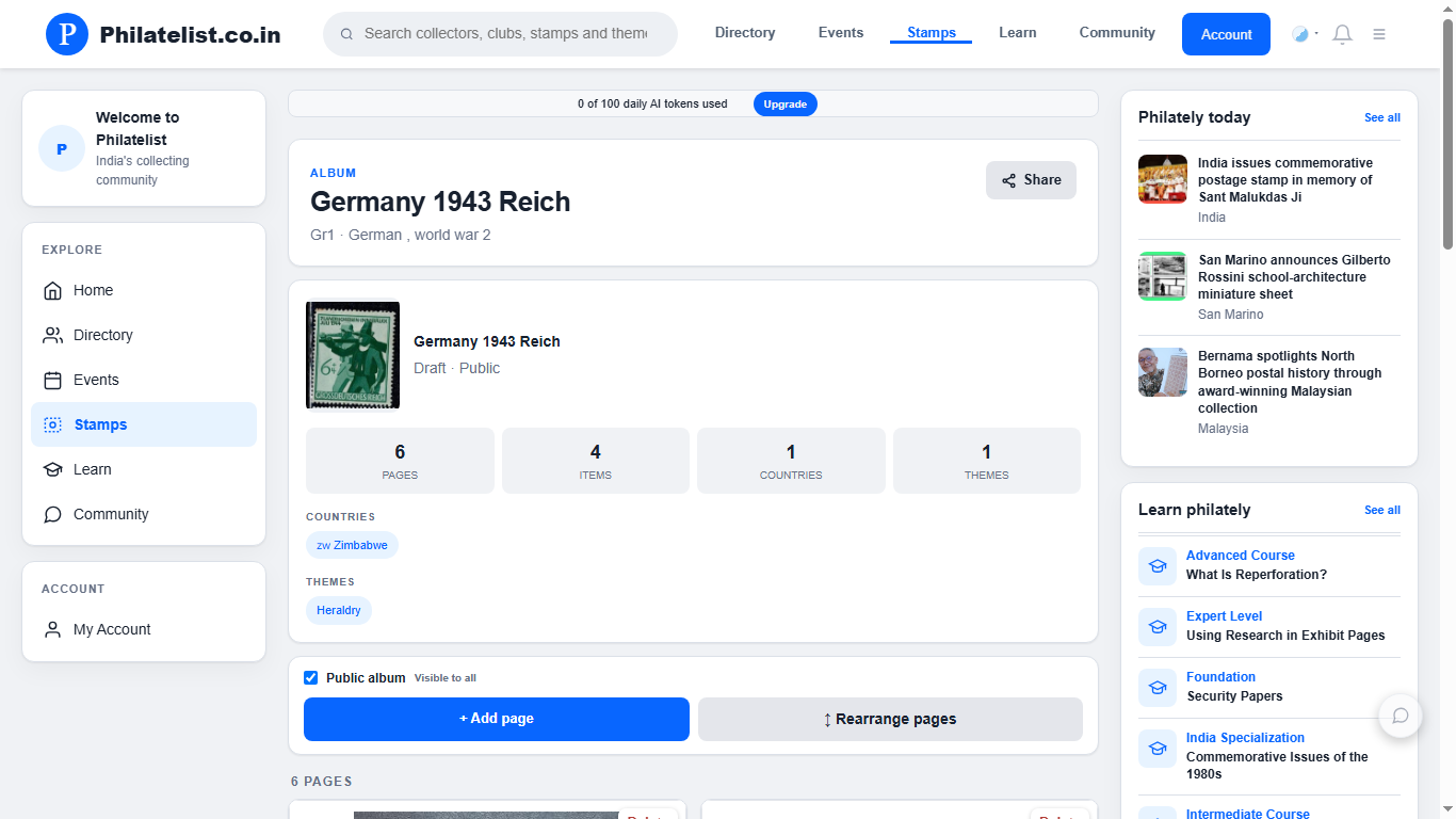 Philatelist.co.in album detail page with pages, items and visibility controls