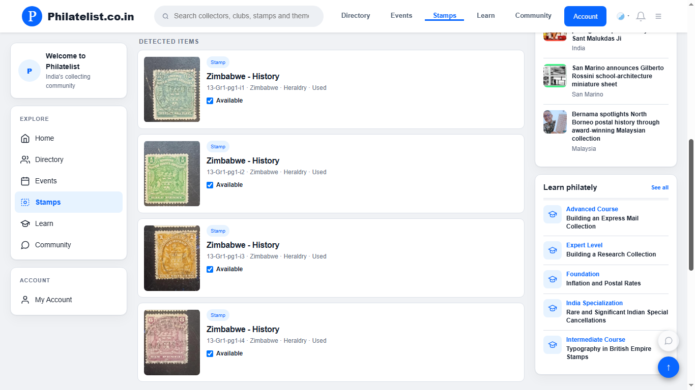 Philatelist.co.in detected items page showing stamps added to an album