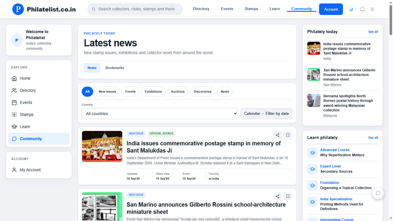 Philatelist.co.in latest news page with filters and story cards