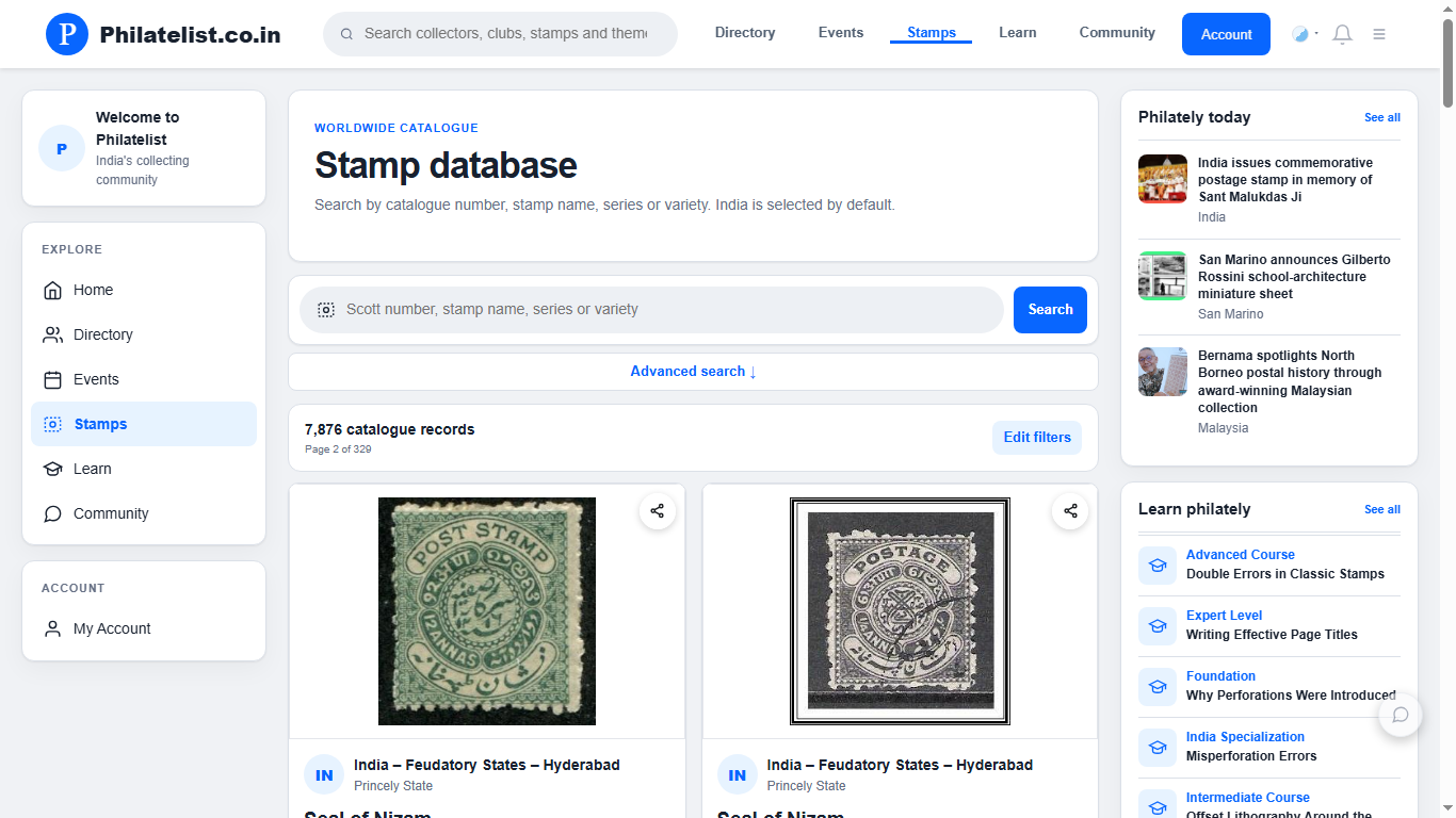 Philatelist.co.in stamp database results with search and advanced filters
