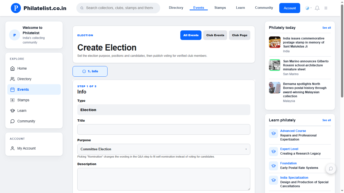 Philatelist.co.in Election creation form