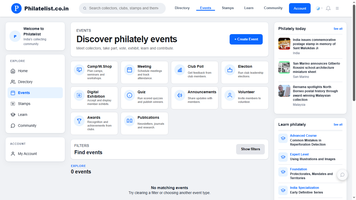 Philatelist.co.in events discovery page with event types and filters