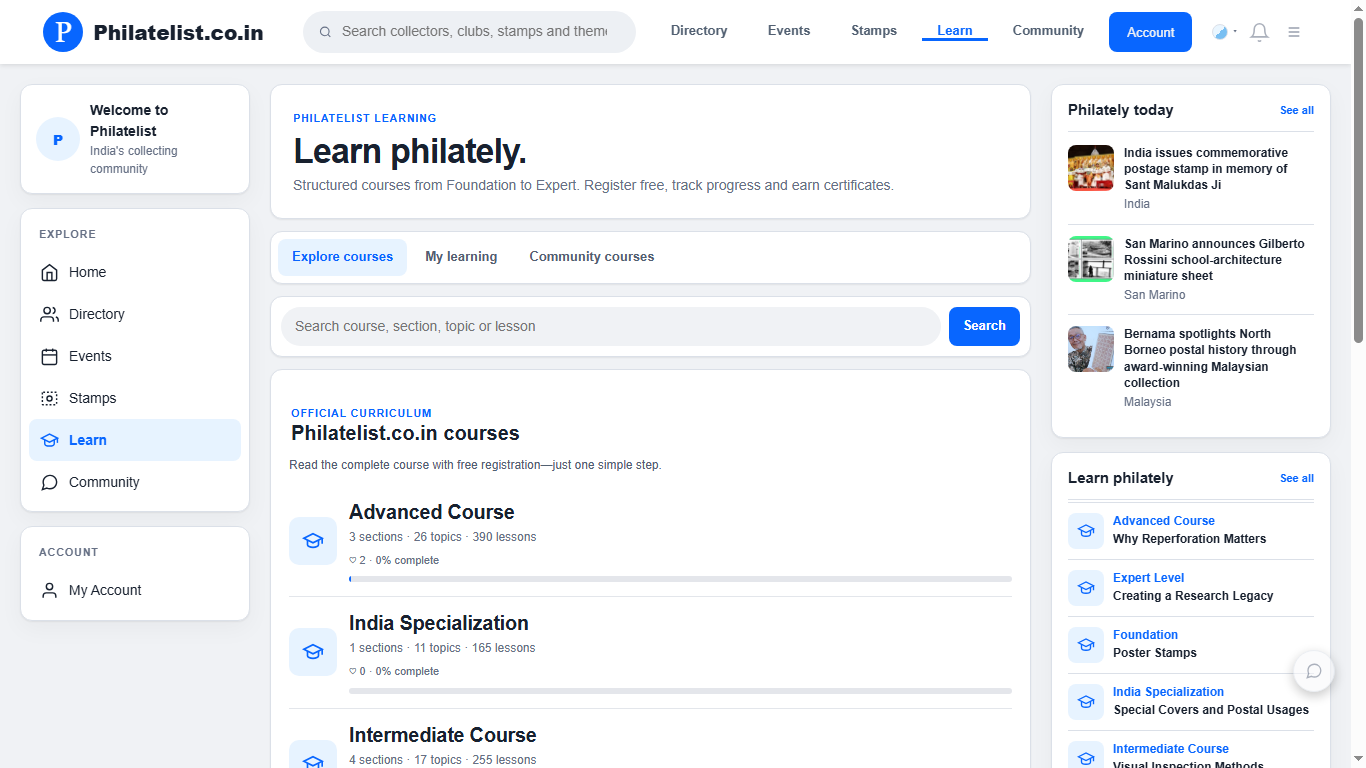 Philatelist.co.in course exploration page with sections, topics and lessons