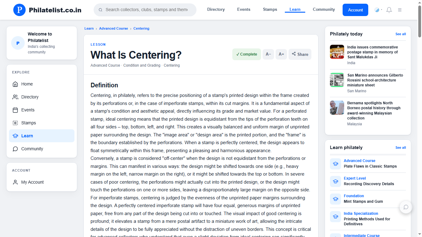 Philatelist.co.in individual lesson page with completion and reading controls