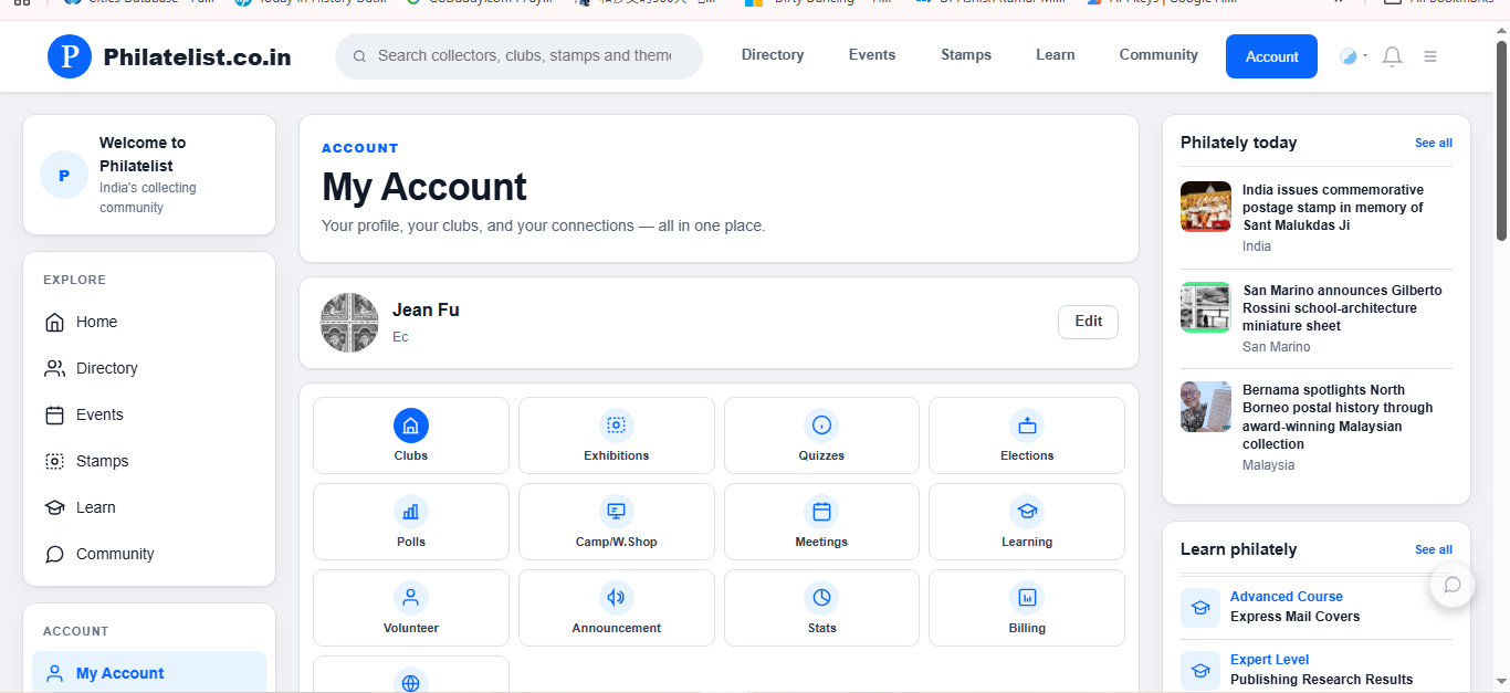 Philatelist.co.in My Account overview with club and activity modules